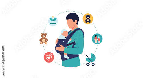 Father using a baby carrier to hold his child, surrounded by various icons representing childcare, love, and family life.