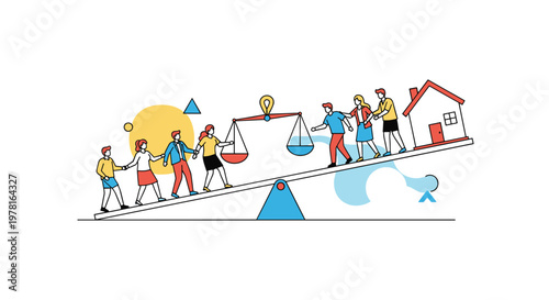 Conceptual illustration of people walking up a see-saw towards a house, depicting social balance and economic equality.