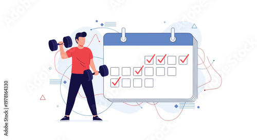Man lifting dumbbells next to a giant calendar showing a consistent workout schedule with multiple red checkmarks.