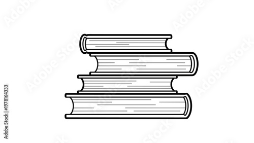 Simple black and white line art illustration showing a stack of four thick books resting on top of each other against a white background.