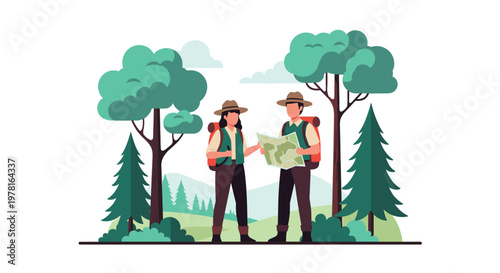 Two hikers wearing hats and backpacks consulting a map while standing in a forest environment with tall trees.