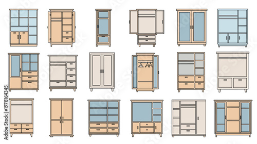 Diverse collection of wardrobe and closet designs in various configurations including open doors and internal shelving for bedroom storage.