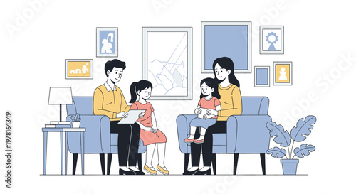 Family consisting of a mother, father, and two daughters relaxing together on comfortable blue armchairs in their living room.