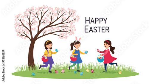 Three young girls having fun hunting for colorful Easter eggs in a lush green garden with a blossoming cherry tree and a happy message.