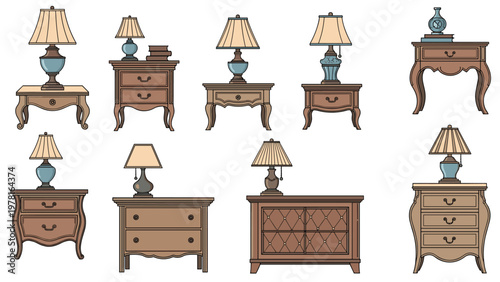 Collection of various table lamp designs placed on matching nightstands and chests of drawers for bedroom interior lighting ideas.