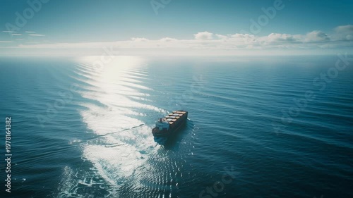 cargo ship in vast open ocean, tiny vessel against endless blue water and sky, strong sense of scale and isolation, Lonely cargo ship sails vast, deep blue ocean. Sky holds soft clouds above calm sea.