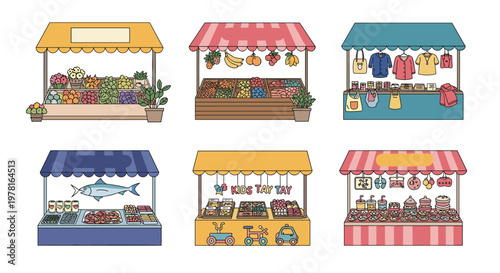 Detailed set of six vibrant market stalls offering a variety of goods including fresh produce, clothing, fish, and toys.