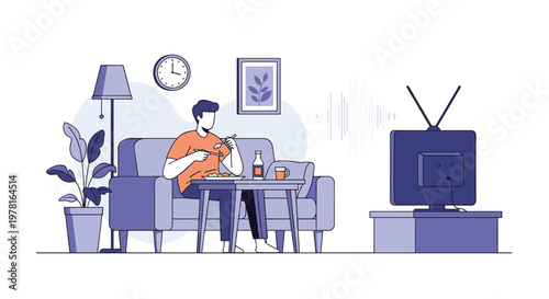 Man relaxing on a sofa and enjoying a meal while watching television in a quiet minimalist living room setting.