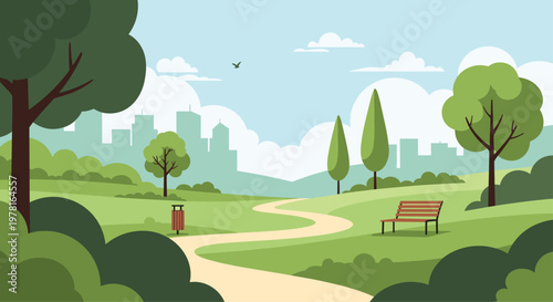 Serene public city park landscape with winding walking path green grass lush trees and distant urban skyline silhouette in daylight.