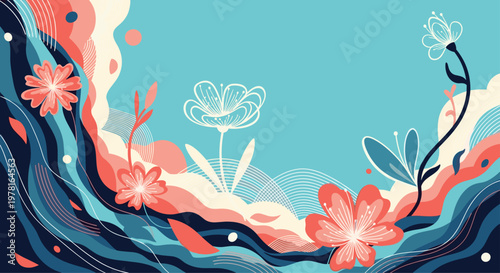 Vibrant floral and abstract background design featuring bold pink flowers nestled within flowing navy blue and coral waves.