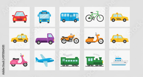 Collection of colorful transportation vehicles and modes of transport.