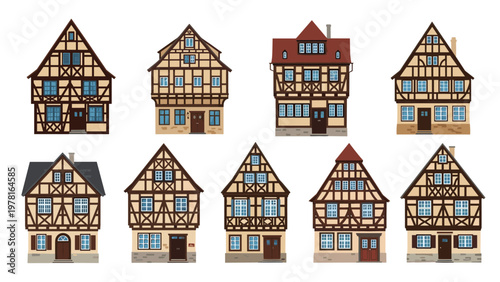 Collection of European timber-framed house designs featuring multiple stories decorative beams and classic gabled roofs for architecture.