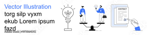 Business decision-making, legal documents, innovation, contracts, balance, professional work processes. scales, light bulb and a contract being signed. Business decision-making and legal documents