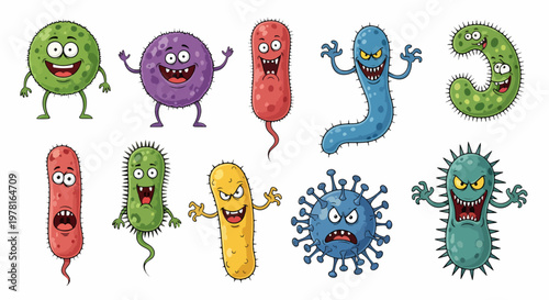 Photography Adorable cartoon microbes collection with colorful bodies and humorous expressio