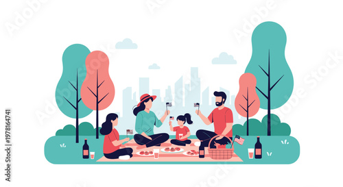 Happy family enjoying outdoor picnic in city park celebrating Fourth of July with food drinks and American flags.