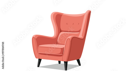 Mid-century modern wingback armchair in a warm coral pink shade with dark wooden legs and button-tufted backrest.