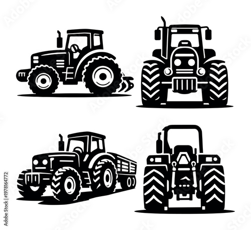 Four black silhouettes of heavy duty farm tractors in various views, including side with plough and trailer, front, and rear