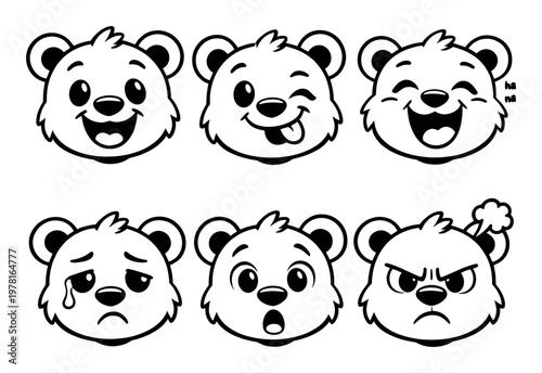 Cute cartoon bear character faces showing a range of emotions including smiling, winking, laughing, crying, surprising, and angry expressions