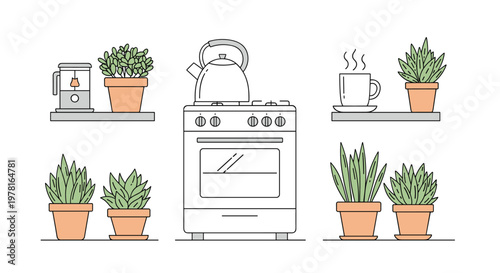 Cozy home kitchen scene featuring white stove boiling kettle hot coffee cup and various green potted indoor plants.