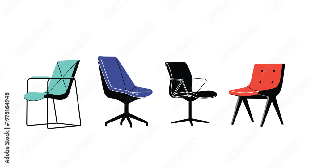 Fototapeta premium Set of four stylish modern designer chairs in different colors and shapes for home or office interior decoration.