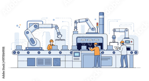 Modern smart factory production line featuring industrial robotic arms collaborating with human workers in orange vests.