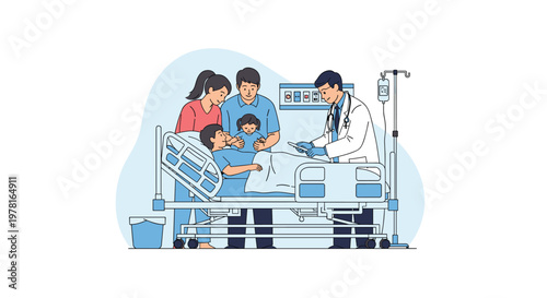 Caring family members visiting young patient in hospital bed while professional doctor provides medical update using tablet.