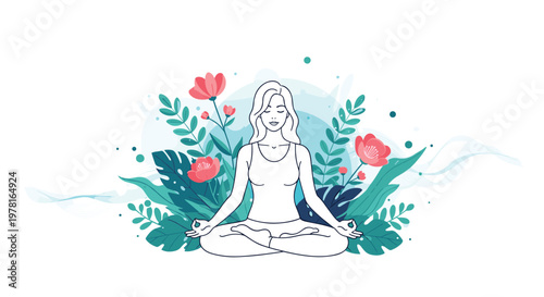 Beautiful woman practicing yoga in lotus pose surrounded by lush tropical leaves and vibrant pink blooming flowers.