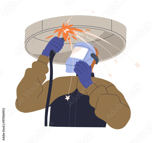 Welder assembling, fixing equipment. Welding process with sparks. Industrial work. Worker in protection mask during assembly, repair, connection. Flat vector illustration isolated on white background