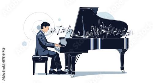 Talented male pianist in suit playing grand piano with flowing musical notes and symbols representing artistic performance.