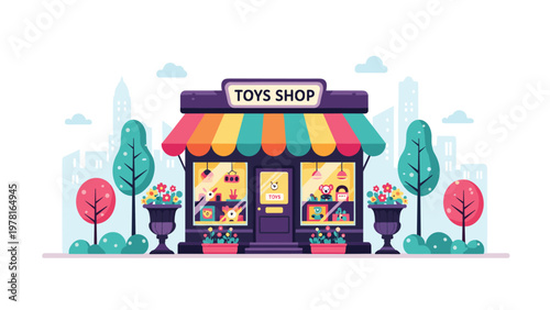 Charming and colorful toy store building with a striped awning and various toys displayed in the large windows.