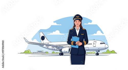 Professional female airline pilot in uniform standing confidently on runway in front of large commercial jet aircraft.