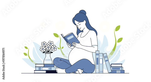 Peaceful pregnant woman sitting on floor reading book surrounded by stacks of books and delicate flower arrangements.