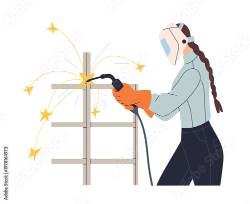 Welding work. Female welder, metal assembly, connection process. Woman worker joining steel structure, construction with industrial tool. Flat vector illustration isolated on white background