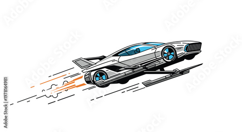 Futuristic flying car vehicle soaring through sky with jet propulsion trails representing advanced transportation technology.