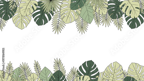 Decorative horizontal banner frame featuring an assortment of green tropical leaves at the top and bottom edges.