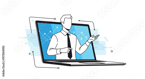 Professional businessman presenting data charts and information through laptop screen for online meeting or webinar.