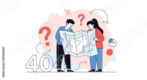 Lost couple looking at paper map with question marks and large 404 error text representing website navigation failure.