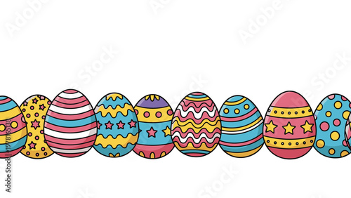 Festive horizontal banner featuring a row of various brightly colored Easter eggs with different patterns and motifs.