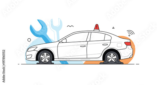 White sedan car experience multiple flat tires on the road and needs urgent mechanical assistance or roadside repair service at a garage.