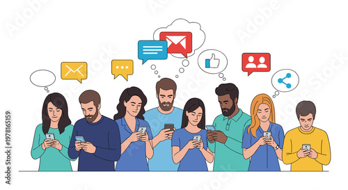 Diverse group of people are absorbed in their smartphones and social media notifications like messages and likes in a digital world.