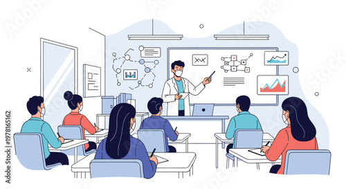 Professional educator in a face mask delivers a scientific lecture to students in a modern classroom during a health safety period.