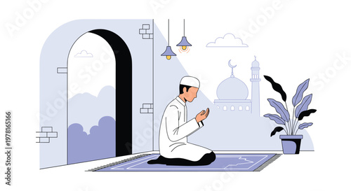 Devout muslim man performs prayer while kneeling on a rug inside a mosque with beautiful arched windows and a minaret in the background.
