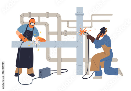Welders team at pipeline construction, assembly and repair work with professional tools. Welding process, industry. Industrial workers with pipes. Flat vector illustration isolated on white background