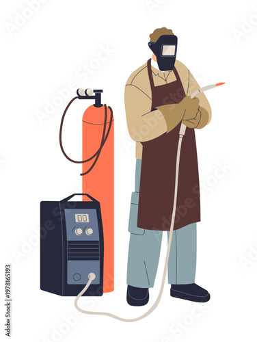 Welder with gas torch, hose and machine. Welding worker with heat equipment, ...