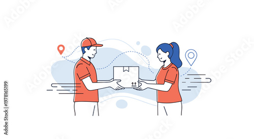 Friendly delivery man in a red uniform hands over a cardboard box package to a female customer at a doorstep with location icons nearby.