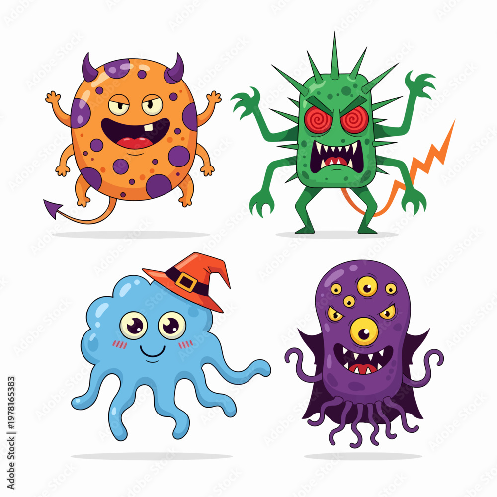 Fototapeta premium Funny fantasy creatures with one eye and tiny horns standing happily together 