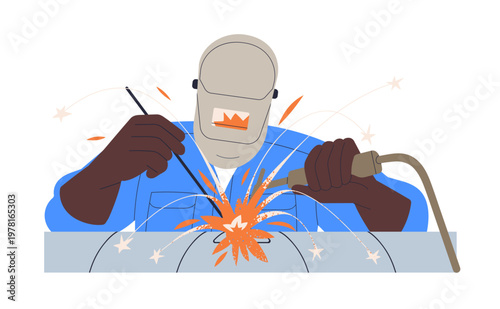 Welder, assembly work with electrode welding torch. Industrial worker works with professional tool. Industry process, cutting, connecting pipes. Flat vector illustration isolated on white background