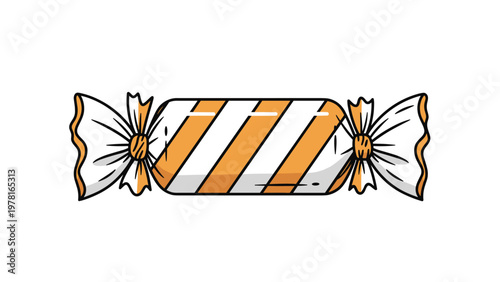 Sweet orange and white striped candy piece in a classic crinkled wrapper with twisted ends on a white background.