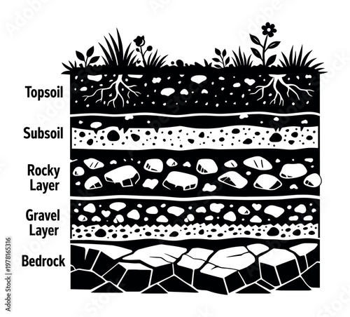 Diagram displaying the various layers of soil, such as topsoil, subsoil, rocky, gravel, and bedrock horizons