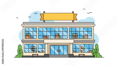 Modern two-story public building like a school or library featuring large glass windows filled with bookshelves.